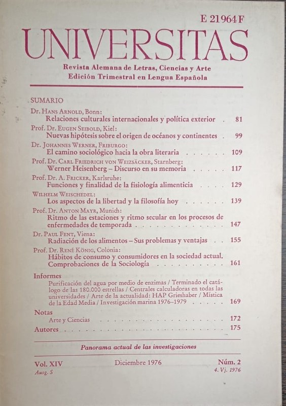 Universitas: Revista Alemana de Letras, Ciencia y Arte. Edición Trimestral en Lengua Española