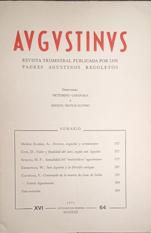 Augustinus: Revista trimestral publicada por los padres Agustinos Recoletos