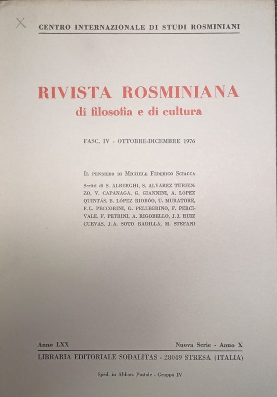 Rivista Rosminiana di filosofia e di cultura: Fasc IV Ottobre-dicembre 1976