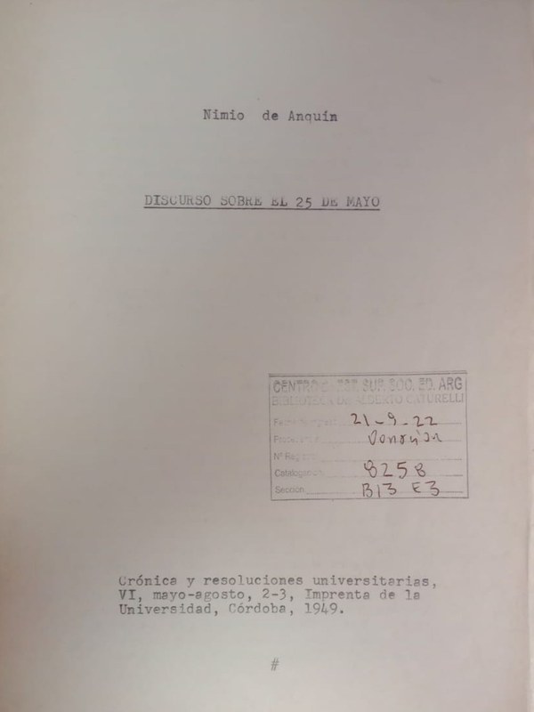 Discurso sobre el 25 de mayo: Crónicas y resoluciones universitarias, VI, mayo-agosto 2-3