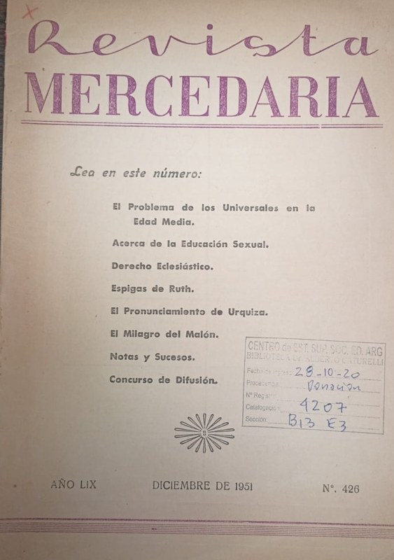 Revista Mercedaria: Año LIX, nro 426, diciembre de 1951