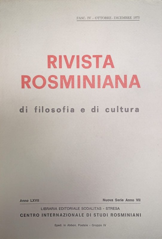 Rivista Rosminiana di filosofía e di cultura: Anno LXVII - Nueva Serie Anno VII