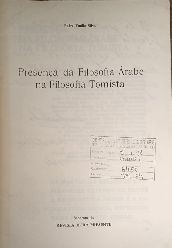 Presenéa da Filosofia Àrabe na Filosofia Tomista: Separata da revista Hora Presente