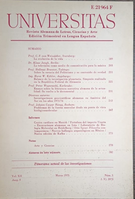 Universitas: Revista Alemana de Letras, Ciencia y Arte. Edición Trimestral en Lengua Española