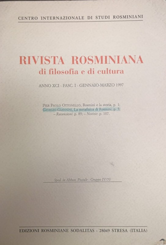Rivista Rosminiana di filosofia e di cultura: Anno XCI Fasc I Gennaio-Marzo 1997